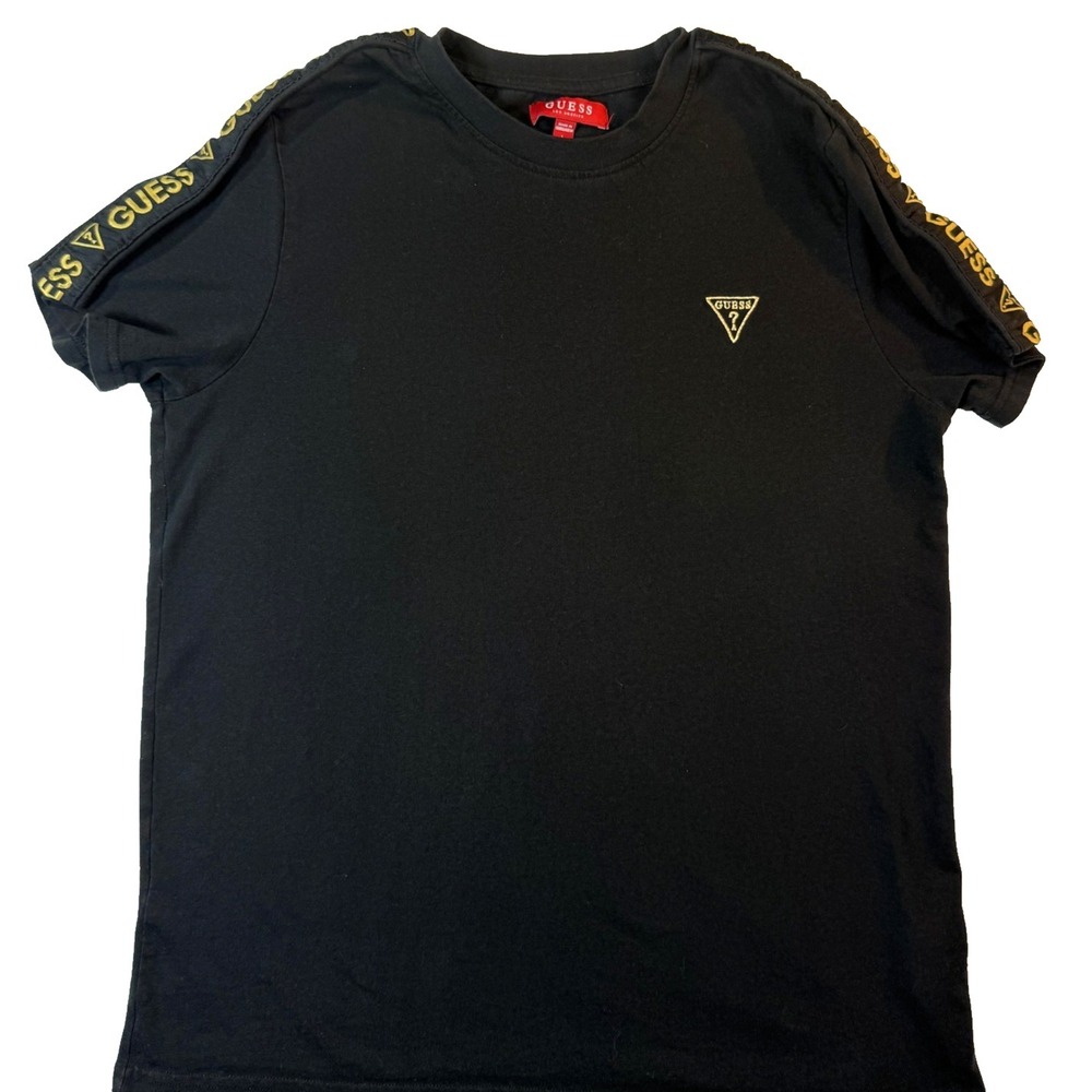 GUESS‎ Los Angeles Men L Black Tape Sleeve TShirt Gold Embroidered Streetwear